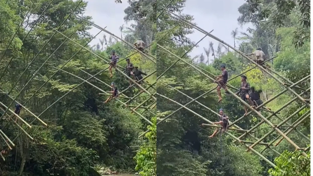Warga Baduy Bangun Jembatan Puluhan Meter Tanpa Paku dan Anggaran, Hanya Bermodal Bambu dan Gotong Royong